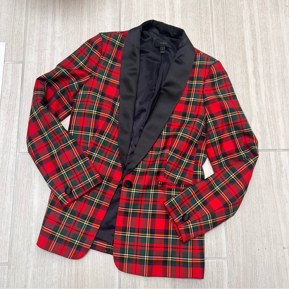 J. Crew Red Tartan Plaid Blazer with Black Satin Shawl Collar